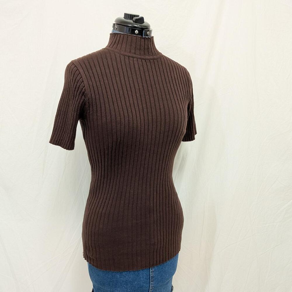 Jessica London dark brown ribbed 100% cotton mock‑neck short sleeve top, size 12